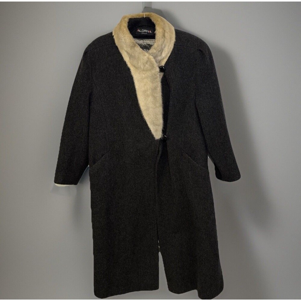 Vintage‎ Alorna USA Stevens Gray Wool Trench Coat Satin Lined Fur Collar READ